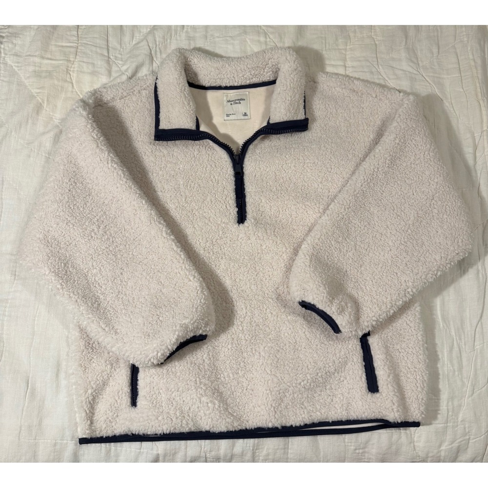 Abercrombie & Fitch Cream Sherpa Fleece Quarter Zip Pullover Navy Trim Medium